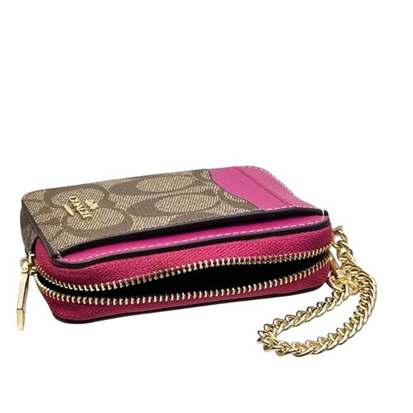 COACH L-ZIP CARD COIN CASE IN SIGNATURE CANVAS KHAKI & BOLD PINK WALLET NEW! - Picture 5 of 5